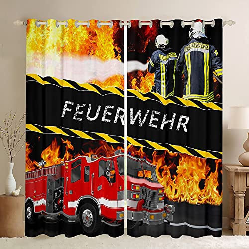 Loussiesd Feuerwehr Thema Blickdichte Vorhänge Feuerwehrwagen Fenstervorhang 175x140cm für Jungen Kinder Jugendliche Zimmer Dekorativ Fahrzeug Auto Vorhänge Coole Feuerwehrmänner