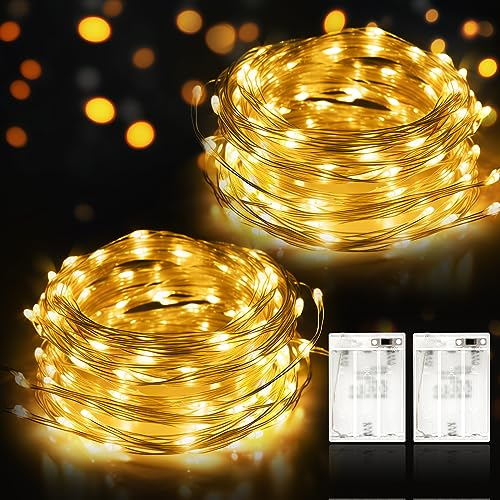 LED Lichterkette Batterie, 2 x 12M Lichterkette Draht mit 120 LEDs Wasserdicht Silberdraht für Zimmer, Weihnachten, Party, Hochzeit, Balkon, Innen Außen - Warmweiß