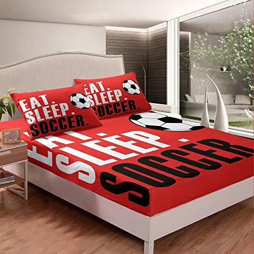 Fußball-Bettwäsche-Set, Fußball, Sport-Spannbetttuch für Jungen, Mädchen, Frauen, Herren, rot, Essen, Schlafen, Fußball, Bettlaken, Set, Ball, Spielzimmer, Dekoration, volle Größe, Bettbezug, 3-teilig