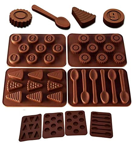 Thitex 4 Pack Silicone Chocolate Molds, Non-Stick Triangle,Flower,Spoon and Number Shape Fondant Moulds, DIY Sugar Craft 3D Pastry Cookie Cutters,Candy Ice Cube Tray for Decoration Party Gift