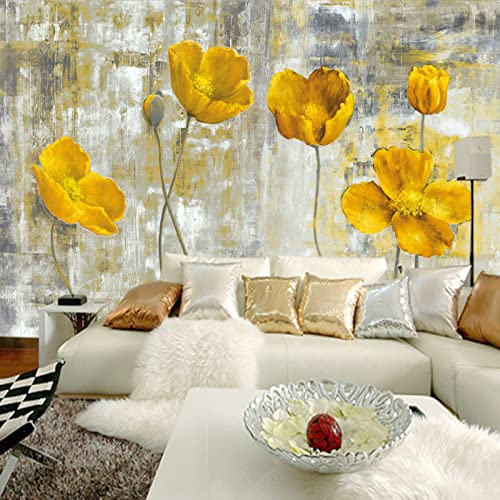 Vlies Fototapete Gelbe handgemalte Mohnblumen 3D Effekt Vlies Tapeten Wandtapete XXL Moderne Wanddeko Wohnzimmer Schlafzimmer Büro Flur 450 cm B x300 cm H