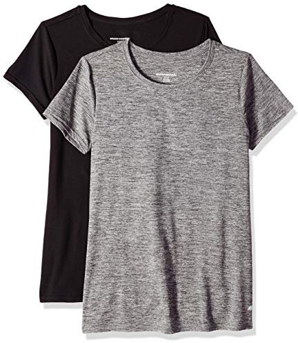 Amazon Essentials Camiseta Elástica de Secado Rápido, Manga Corta y Cuello Redondo (Hay Tallas Grandes) Mujer, Pack de 2, Gris Oscuro Teñido Multicolor/Negro, 3XL Grande
