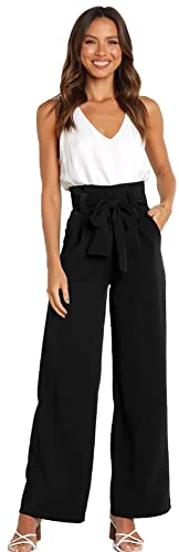 Odizli Paperbag Hosen Damen Elegant High Waist Culottes Palazzo Hosenrock Lang Weite Hose Sommer Business Festlich Stoffhose Marlenehose Anzughose Schlupfhose Freizeithose mit Gürtel Schwarz L