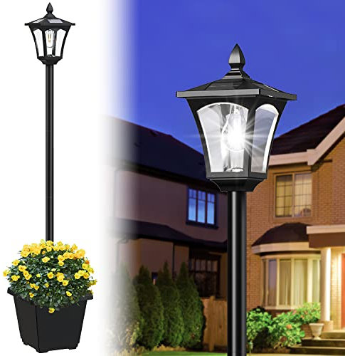Icerona 64 Inch Outdoor Solar Lamp Post Light with Planter, 60 High Lumen Solar Street Light, Waterproof for Pathway, Garden, Driveway, Lawn, Front Back Door Outside Pole Lamp 6000K