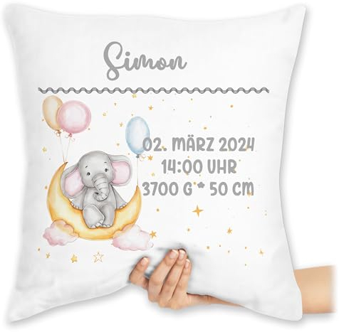 Kissen 40x40 Zierkissen - Geburtsgeschenk Elefant personalisiert mit Name Datum Uhrzeit Gewicht Größe I Geschenk zur Geburt - 40 x 40 cm - Weiß - personalisierte Babygeschenk neugeboren Elefanten