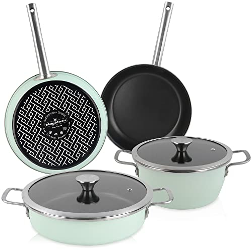 Magefesa Nordic Batería Cocina Inducción 6 Piezas, Antiadherente Libre PFOA Esmalte Exterior Verde Menta, Set Cazuelas Tapa Vidrio, Sartenes, Herrajes Inox Satinados, Retro Estilo Vintage