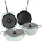 Magefesa Nordic - Batteria da cucina a induzione, 6 pezzi, antiaderente, senza smalto esterno verde menta, set di pentole con coperchio in vetro, padelle, hardware inox satinato, stile vintage retrò