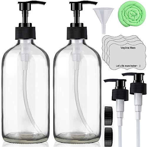 Pump Glass Bottles Soap Dispenser - Clear Empty Bottle 16 Oz Refillable Container Set with Labels & Lids for Bathroom & Kitchen, Shampoo/Conditioner/Hand Wash/Shower/Body Lotion/Dish Soap/Massage Oil