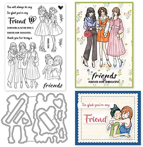INFUNLY Stempel Und Stanzformen „Beste Freunde“ Für Die KartengestaltungSentimentTransparente StempelDIY-MetallstanzungenSchöne Mädchen-FreundeSilikonstempel Für DIYBasteln