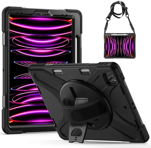 Gerutek Custodia Cover per iPad Pro 12,9, iPad Pro 6/5/4/3 Generazione Custodia Protettiva Antiurto con Supporto Rotante 360, Cinghie Mani/Spalle per iPad Pro 12,9 Pollici (6/5/4/3 Gen), Nero
