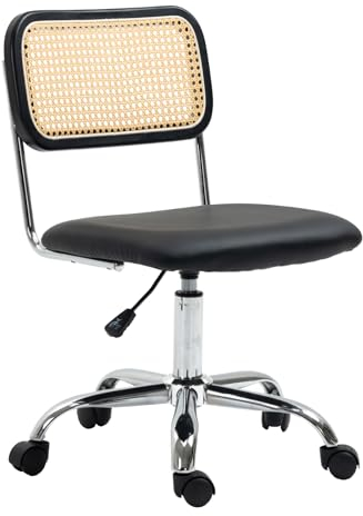 SVITA CAJA Schreibtischstuhl Drehstuhl Schminktischstuhl mit Rollen höhenverstellbar Rattangeflecht Retro Büro Arbeitszimmer Schwarz