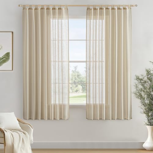 MIULEE Voile Gardinen Vorhänge mit Schlaufen Leineneffekt Halbtransparent Vorhange Elegant Einfach Leinenoptik für Wohnzimmer Schlafzimmer 2er Set, 140×160(H×B), Beige