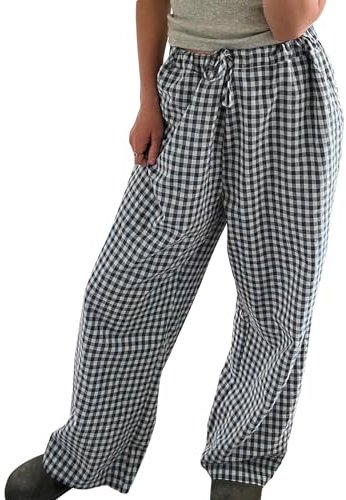 Generic Y2K Vintage Elastic Waist Plaid Pants für Frauen, Casual Loose Trousers Perfect for Summer Streetwear (Black, S)