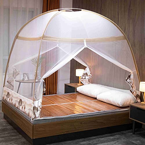 Bed Canopy, Pop Up Mosquito Net with Double Door, Foldable Anti-Mosquito Tent Yurt Easy To Setup for Travel Home Outdoor,Beige,1.8 * 2M