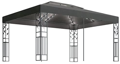 KOIECETA Pavillon mit Doppeldach LED Lichterketten Gartenzelt Partyzelt Festzelt Gartenpavillon Bierzelt Garten Zelt Outdoor Terrasse 3x4m (Anthrazit)