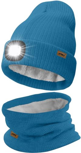 ATNKE LED Mütze mit Licht und Schal Set, Wiederaufladbare USB 4 LED Beleuchtete Laufmütze Winter Warme Gefütterte Fleece Halsschlauch und Stricken Mütze für Herren und Damen Geschenke/Peacock Blue