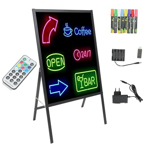 Leuchtschilder, 60 x 80cm LED Schreibtafel mit Fernbedienung und 8 Neon Stifte, Beleuchtet, Radierbar, 11 Blinkmodus, für Hochzeiten, Restaurants, Hotels