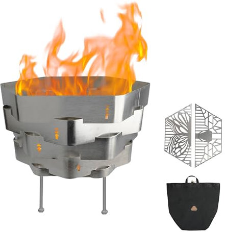 Feuerstelle, Halo Feuerstelle Outdoor Tragbare Holzfeuerstelle Enthält einen Grill, eine Tasche, Sechseckiger Kamin für Terrasse Camping Geschenk (Edelstahl Feuerstelle mit Grill, klein)