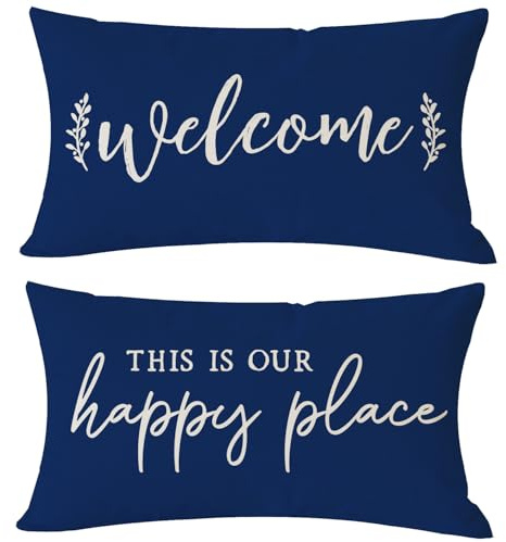 PANDICORN Farmhouse dekorative Lendenwirbel-Kissenbezüge, 30,5 x 50,8 cm, 2 Stück, Welcome This is Our Happy Place, für Außenbereich, Frühling, Winter, Veranda, Terrasse, Dekoration, Kissenbezüge