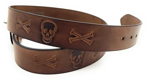 Lemasi echt Leder Herren Damen Gürtel Ledergürtel Büffelleder geprägte Totenköpfe Totenkopf Knochen braun (90cm)