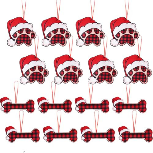 16 Pcs Christmas Tree Decoration Dog Paw Christmas Tree Ornaments 3D Felt Pet Paw Ornaments Dog Bone Paw Print Hanging Ornaments Christmas Buffalo Plaid Dog Decoration for Home Christmas Party