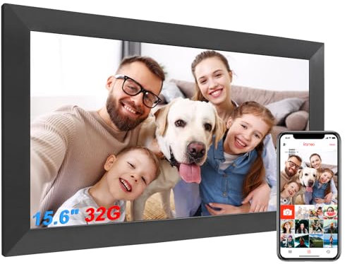Digitaler Bilderrahmen 15,6 Zoll, 2K FHD IPS Elektronischer Fotorahmen Groß WLAN Mind. 20.000 Fotos(32GB) Frameo Bilderrahmen Digital, Beachten Nur US-Stecker – Spannungswandler erforderlich