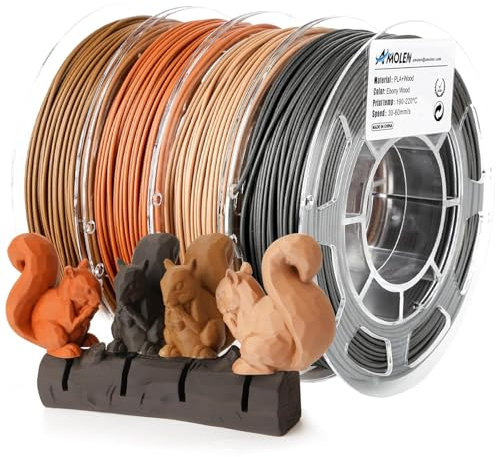 AMOLEN Holz Filament-Paket, 3D-Druck-Filament, Walnuss, Kirschholz, Bambusholz, Ebenholz, schwarzes Holz, 3D-Druckerfilament, PLA-Filament 1,75 mm, 200 g/Spule, 15% Holzfaser