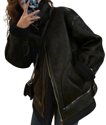 loveimgs Giacca da moto oversize da donna, in finta pelle scamosciata, foderata in pile Sherpa, cappotto in pelliccia di montone