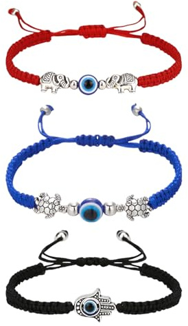 MOPZIJA Lot de 3 Bracelets Porte Bonheur Femme - Protection Contre le Mauvais Œil - Fait à la Main - Œil Bleu - Bracelet Tressé Réglable