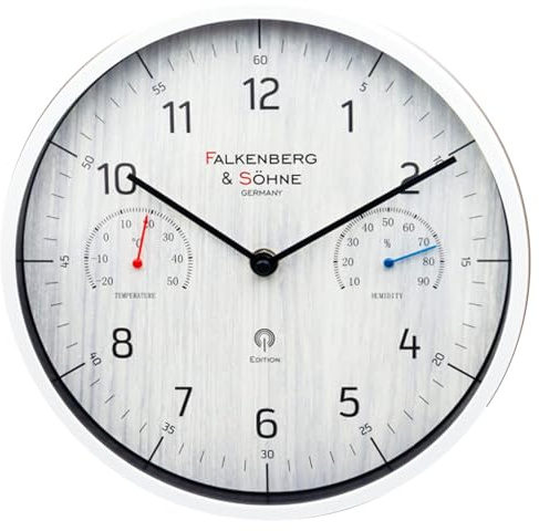 Falkenberg & Söhne Funkwanduhr mit Holzoptik-Zifferblatt, 30 cm, Quarzuhrwerk, DCF77-Signal, Kunststoff, Mineralglas (Hygrometer)