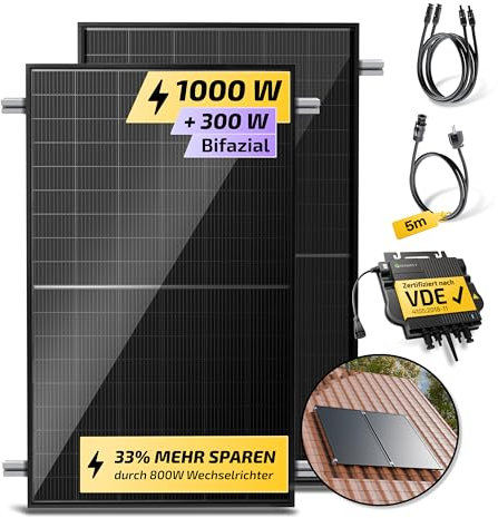 Solakon® 1000W Balkonkraftwerk mit Halterung (Ziegeldach, Paarmontage) - 800W komplett Steckdose - neuester 800W Wechselrichter - Solaranlage Komplettset - 500W bifaziale Solarmodule inkl. Zubehör