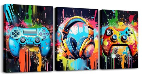 Feelyou Gamer-Leinwand-Wandkunst für Schlafzimmer für Jungen und Mädchen, 3-teiliges, 30,5 x 40,6 cm, Modernes Gaming-Badezimmer, Wohnzimmer, Büro, Wandkunst für Heimdekoration