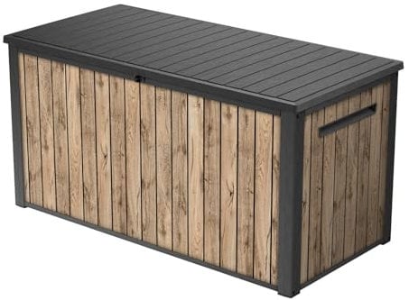 Keter Coffre de jardin Sierra 643L | 155 x 73 x 69 cm | Plastique aspect bois (pin) | Couvercle avec vérins à gaz | Verrouillable