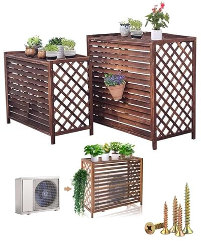 HRXQ Blumenständer Aus Holz Für Terrasse Und Balkon – Massivholz, Wasserfest, Haltbar In 4 Größen – Idealer Schutz Für Klimaanlagen Vor Sonne, Karbonisierungsfarbe, Perfekt Für Außendekoration(Large)