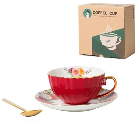 MZRAN Juego de tazas de té de porcelana china con diseño de flores vintage, juego de taza de té y platillo con patrón de flores para uso en oficina y cafetería