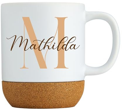 Taza personalizada con nombre e iniciales – Taza de café con tapa y base de corcho – Idea de regalo para mujeres y personas favoritas