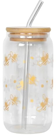 Luxvara Taza de Vidrio, Vaso de Café Helado, Vaso de Cerveza, Vasos de Vidrio con Tapa de Bambú y Pajita de Cristal, Vasos Reutilizables para Café Helado Cóctele Jugo, Bonito Diseño Floral, 550ml