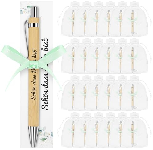 ZYNERY 24 Sets Schön Dass Du da Bist Kugelschreiber Hochzeit Gastgeschenke Kommunion Stifte mit Karte Organzabeutel, Holz Glücksstift Dankeschön Geschenke für Hochzeit Gäste Kommunion Geburtstag Taufe