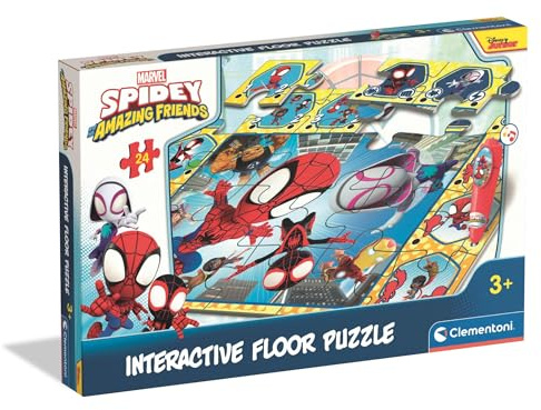 Clementoni Quiz-Bodenpuzzle - Spidey und Seine Freunde - Interaktives Puzzle mit Stift, Lernspiel für Kinder ab 3 Jahren, 24 Teile, 62 x 42 cm, 16686