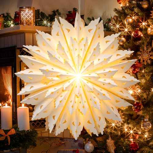 45CM Weihnachtsstern Beleuchtet, LED Stern Weihnachtsbeleuchtung Innen, Papierstern für Fensterdeko Weihnachten mit Lichterkette Warmweiß, Faltbar Hängende Weihnachtsdeko Stern Leuchtend 3D Papier