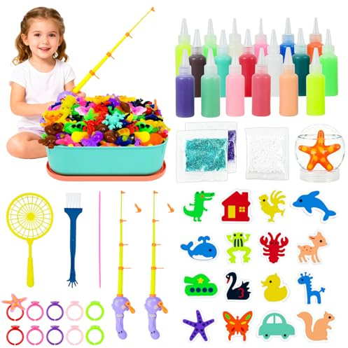 HERMORRYSS 62 PCS Aqua Gelz Set, Magic Water Elf mit 18 Flaschen Farbgel, Angelrute, DIY 3D Magischer Wasserelfe, 16 Stück Meeres- und Tierformen, Magisches Wassergel Kreativ Kit für Jungen Mädchen ab