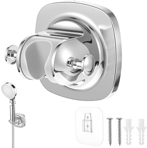 Shower Head Holder, Adhesive Shower Handle Holder with 2 Hanger Hooks, Handheld Head Holders with Screw Option for Bathroom Wall Mount (Silver)