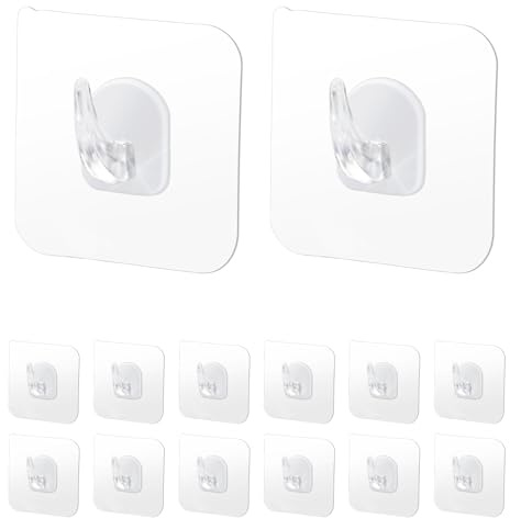 Qcdou Self Adhesive Hooks, 12 PCS Sticky Wall Hooks Heavy Duty, Transparent, Removable and Reusable, for Bathroom, Kitchen, Wall, Door, Christmas Decorations(B)