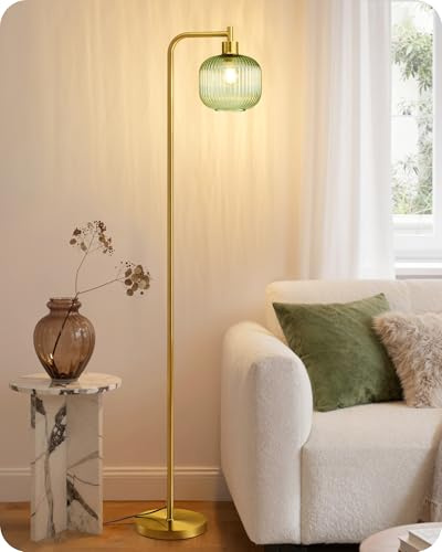 EDISHINE Stehlampe Wohnzimmer, Bonbonglas-Lampenschirm, Minzgrün & Gold | Vergoldetes Metallgestell, moderne Leselampe inkl. E27-LED-Leuchtmittel, 2700 K, für Schlafzimmer und Büro