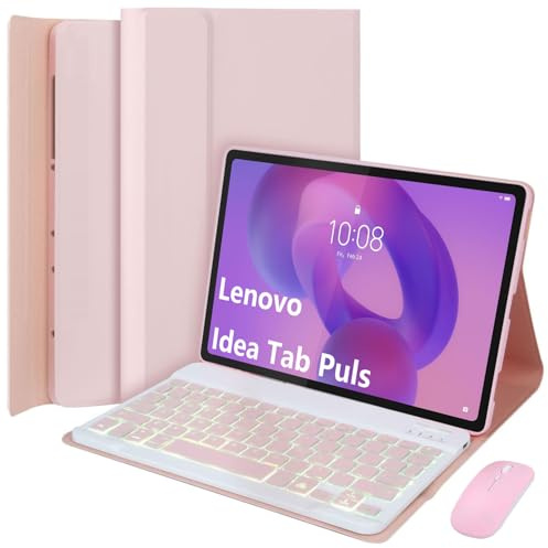 EHLCYS Keyboard Case for Lenovo Idea Tab Plus 12.1-inch/Tab K12 2025 Model (TB361ZU/TB361FU), 7-Color Backlit Magnetic Detachable Bluetooth Keyboard, Ultra-Thin Protective Cover and Mouse,Rosa