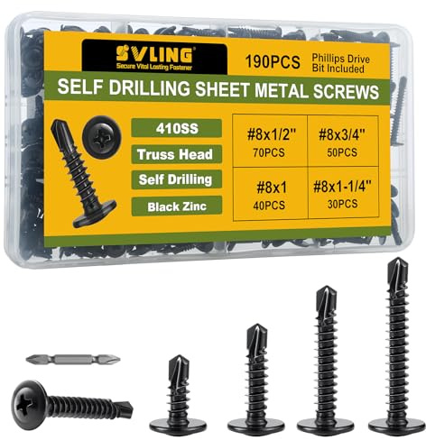 SVLING Black Self Tapping Screws Assortment Kit 190PCS, Modified Truss Head Sheet Metal Screws #8 x 1/2,3/4,1,1-1/4, Stainless Steel 410 Self Drilling Screw for Metal Wood Plastic