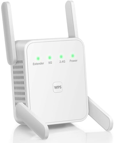 Amplificatore Wi-Fi, 1200Mbps WiFi Extender Dual Band 2.4GHz/5GHz con 4 Antenne ad Alto Guadagno, Ripetitore WiFi Potente per Casa,Porta LAN, WPS, Access Point, Supporta 2 Modalità