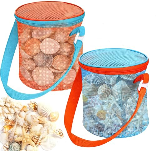 2 Stück Strandtasche Strandspielzeug Tasche Netz Kinder Sandspielzeug Netztasche Mit Verstellbaren Schultergurten und Reißverschlüssen, Geeignet für Strandurlaube, Geeignet für Jungen und Mädchen