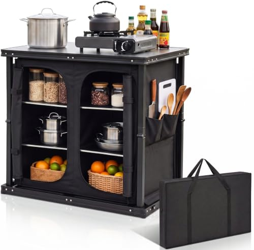 Cinnvoice Outdoor Folding Camping Table Mini Tent Camping Kitchen Station Portable Foldable Grill Table Outdoor Kitchen Portable Picnic Camp with Large 3 Tier Storage Organizer and Pockets (Black)