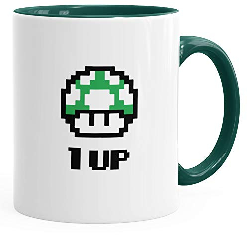 Kaffee-Tasse Geburtstag Retro Pixel-Pilz 1-Up-Pilz Level-Up Gaming Konsole 90er MoonWorks® grün unisize